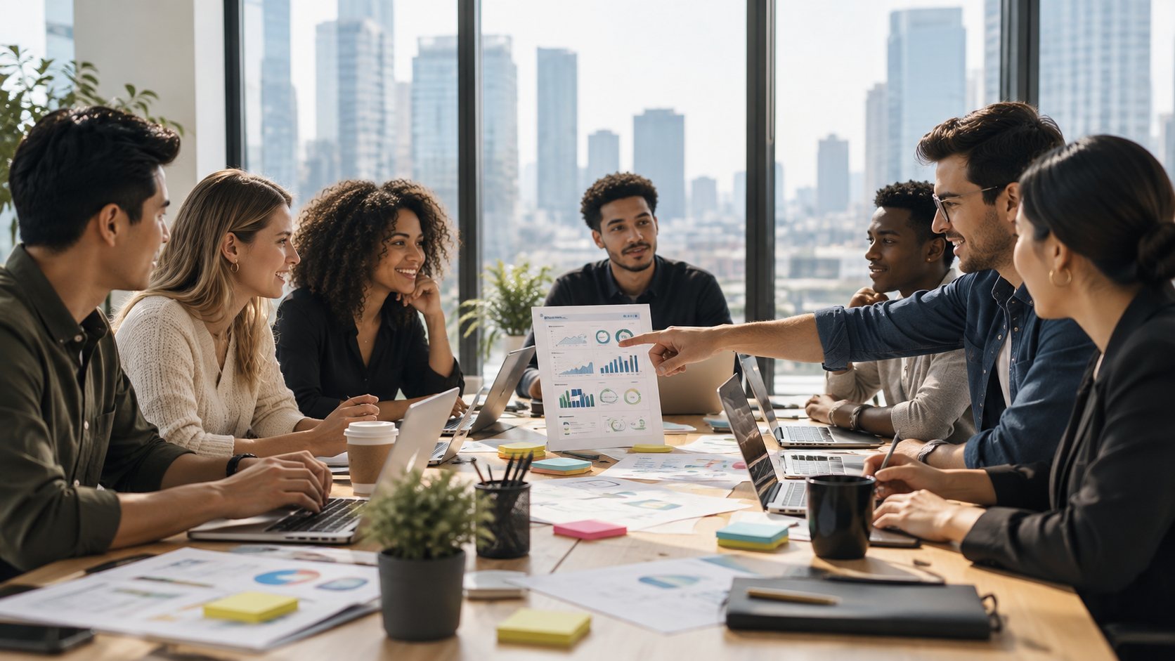 A marketing team working around a shared workspace